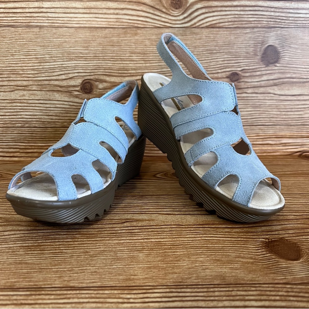 Skechers 6 Parallel Wedge Sandals Light Blue Suede Peep Toe Slingback